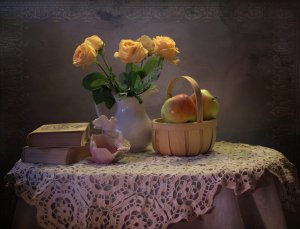 Обои для рабочего стола: Розы и яблоки